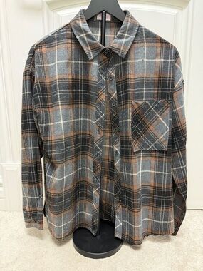 Pink Lily Gray Plaid Flannel Shirt with Brown Accents